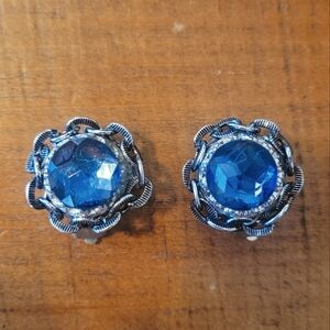 Vintage Round Blue Silver Tone Chain Link Clip On Earrings Western West Germany